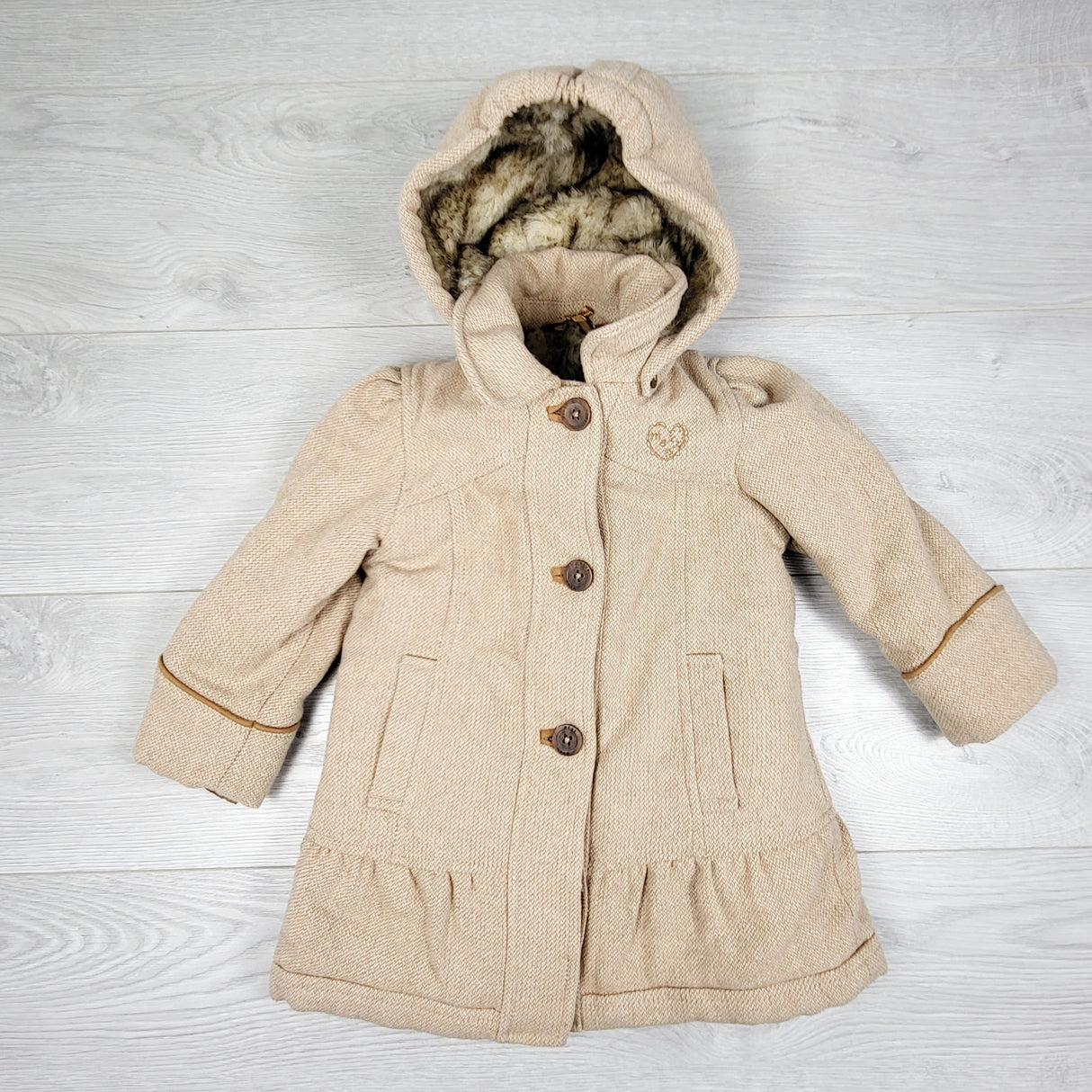 STLL1 - Mexx tan / beige hooded coat with faux fur lining. Size 18-24 months