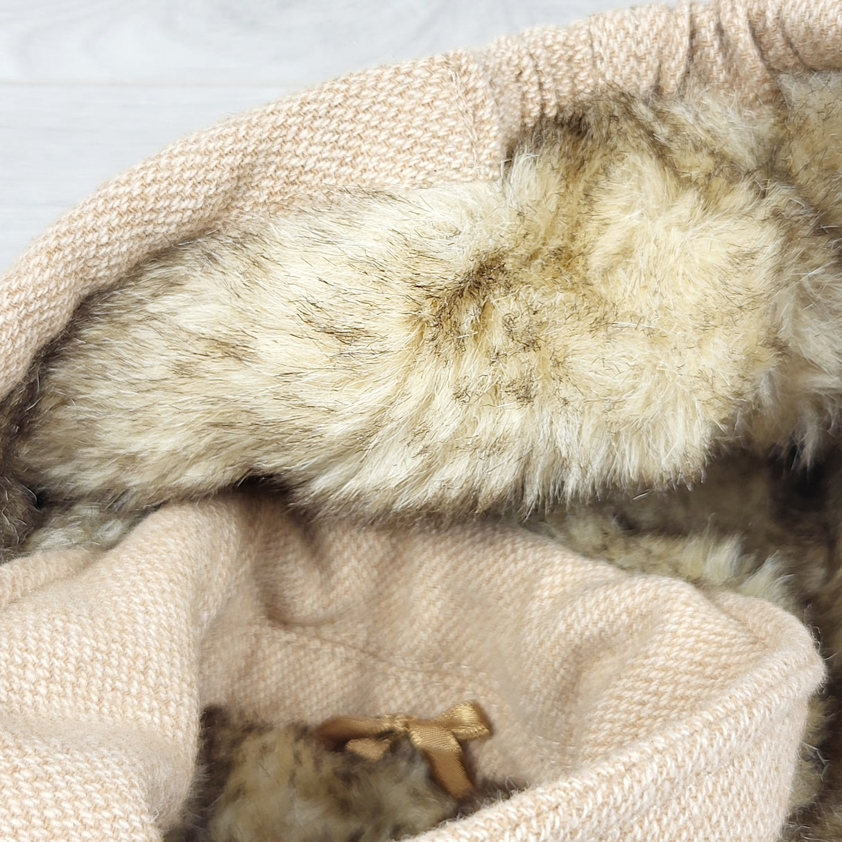 STLL1 - Mexx tan / beige hooded coat with faux fur lining. Size 18-24 months