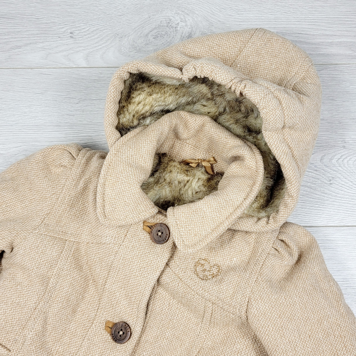 STLL1 - Mexx tan / beige hooded coat with faux fur lining. Size 18-24 months