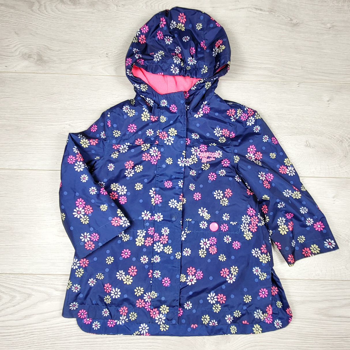 KCHV1- Oshkosh navy floral print fleece lined hooded rain coat. Size 24 months