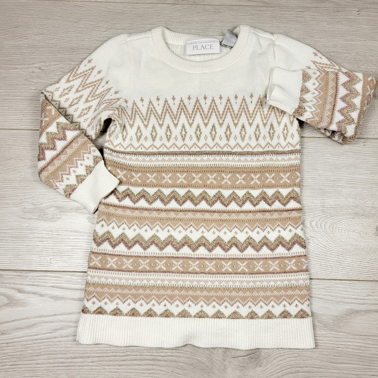 MGHN1 - Children's Place white and gold patterned sweater dress. Size 18-24 months