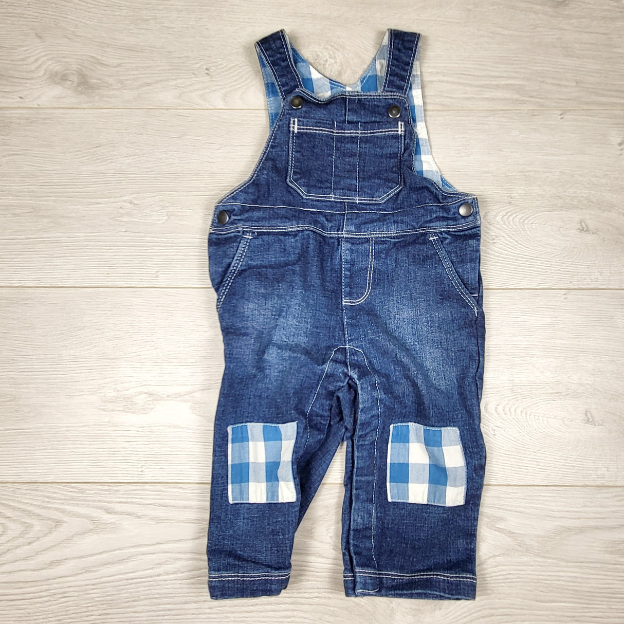 ARDT1 - Hatley denim overalls with checked details. Size 9-12 months