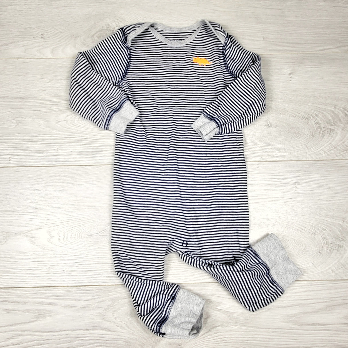 ARDT1 - Simple Joys navy striped romper with dinosaur. Size 12 months