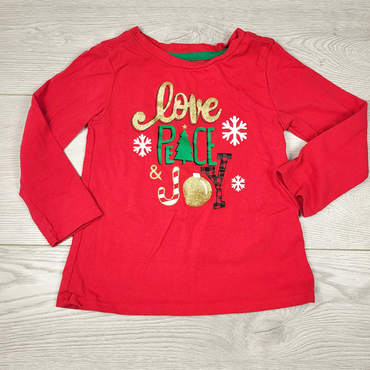 KCHV3 - George red "Love, Peace, Joys" top. Size 3T