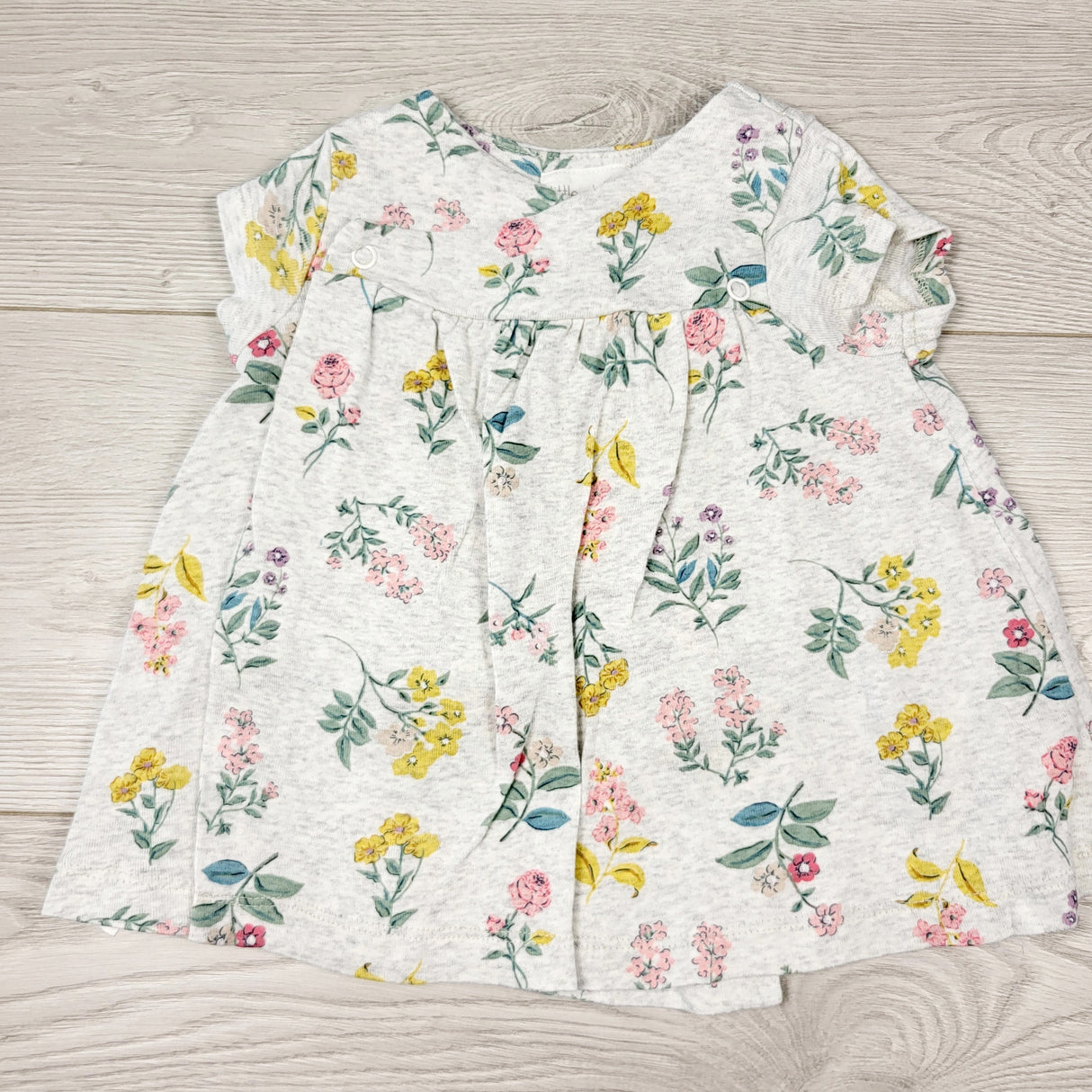 RBEN1 - Little Planet grey floral print wrap style dress. Size 3 months