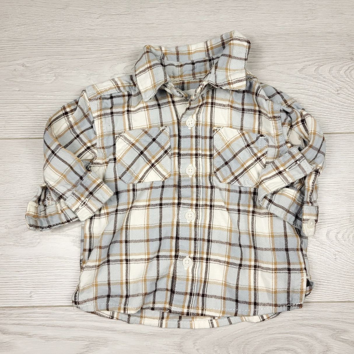 SAFW1 - Little Planet plaid button down shirt. Size 3 months