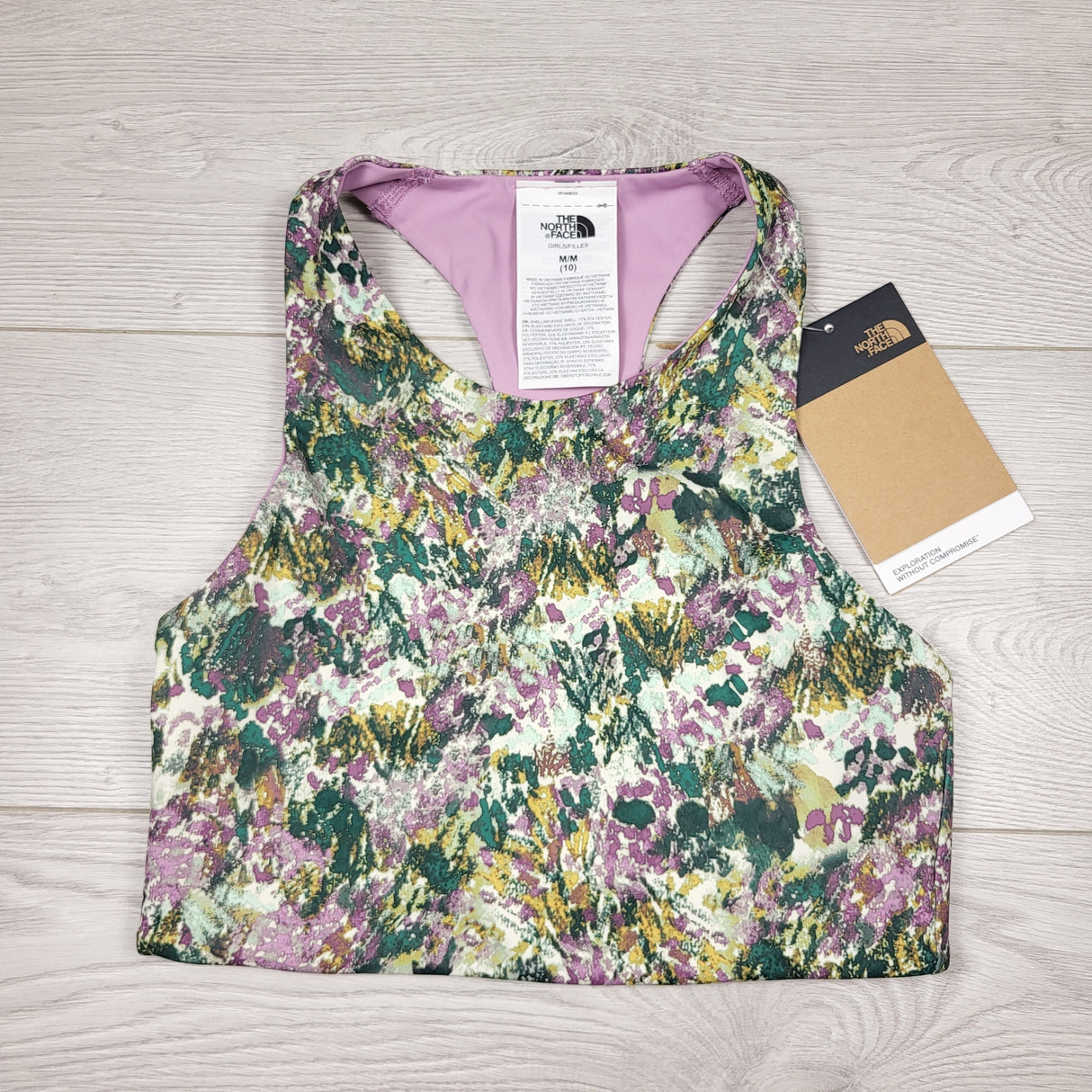 SAFW11 - NEW - North Face purple patterned tanklette sports bra. Girls size 10