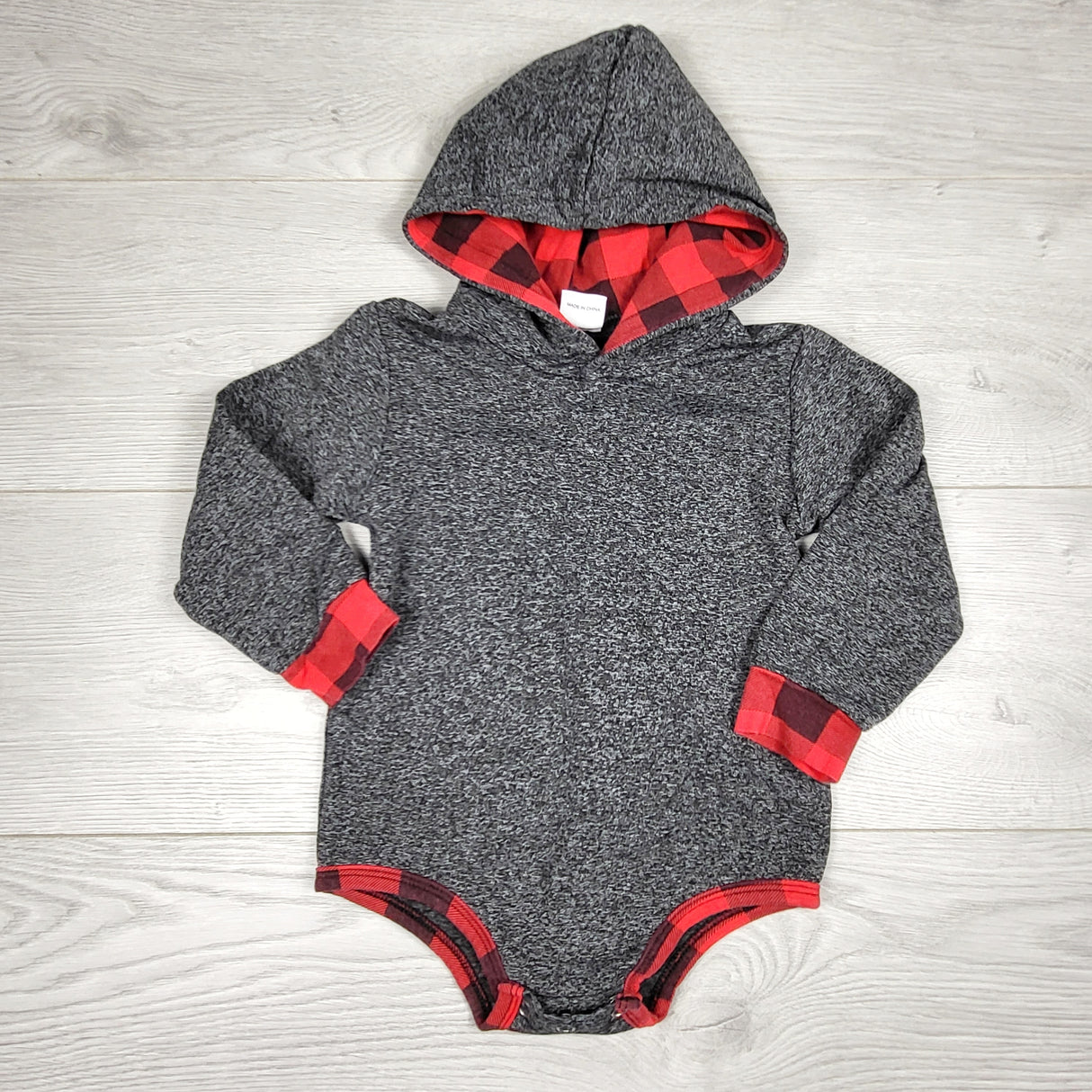 KSAL1 - Grey marled hooded bodysuit with buffalo plaid trim. Size 12-18 months