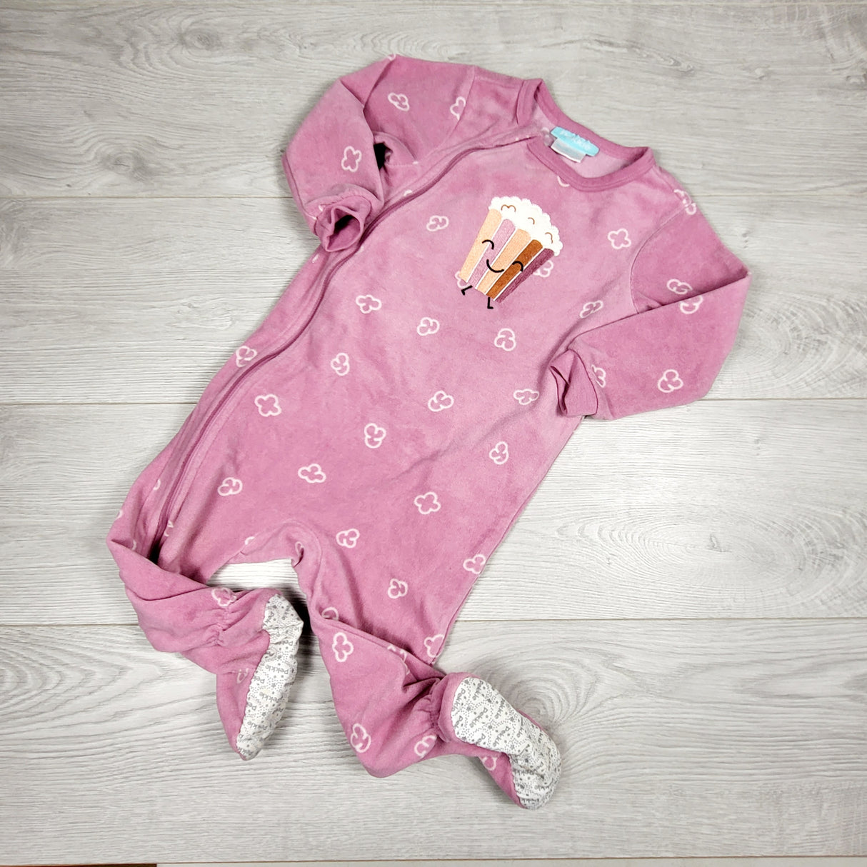 DMKY11 - Pekkle pink zippered fleece sleeper with popcorn. Size 18 months