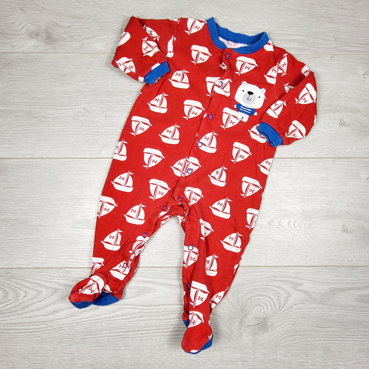 KRML1 - Pekkle red cotton sleeper with sailboats. Size 9 months