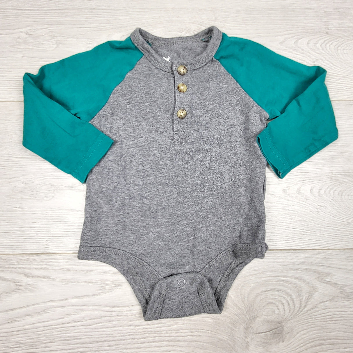 KRML1 - Joe grey and teal raglan bodysuit. Size 6-12 months