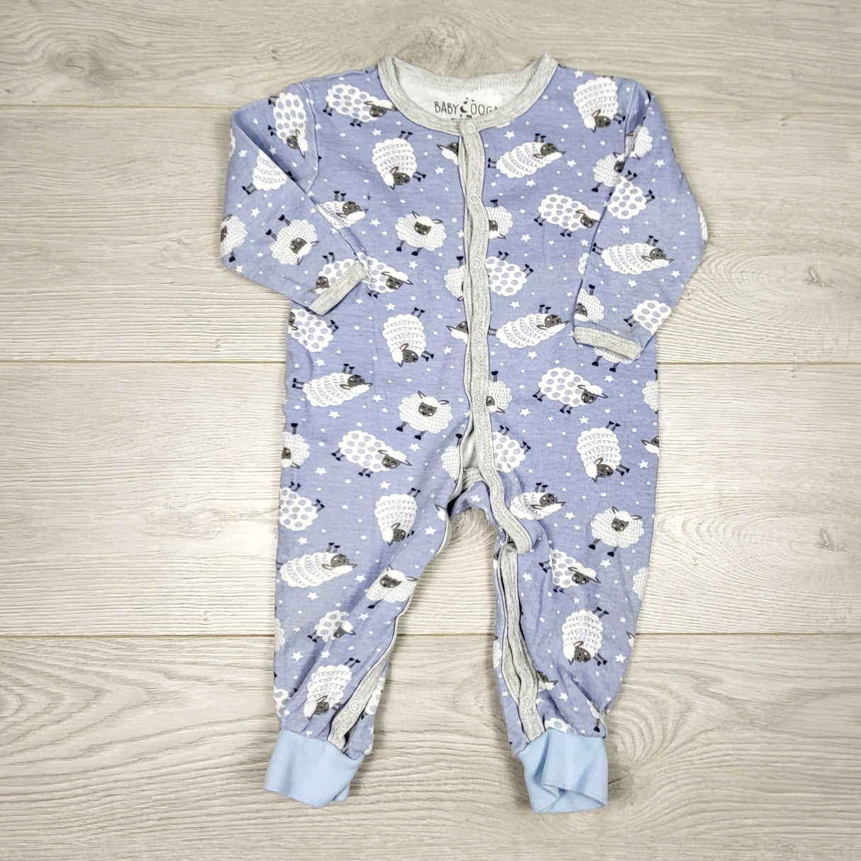 KRML1 - Baby Ooga blue cotton sleeper with sheep. Size 6-9 months