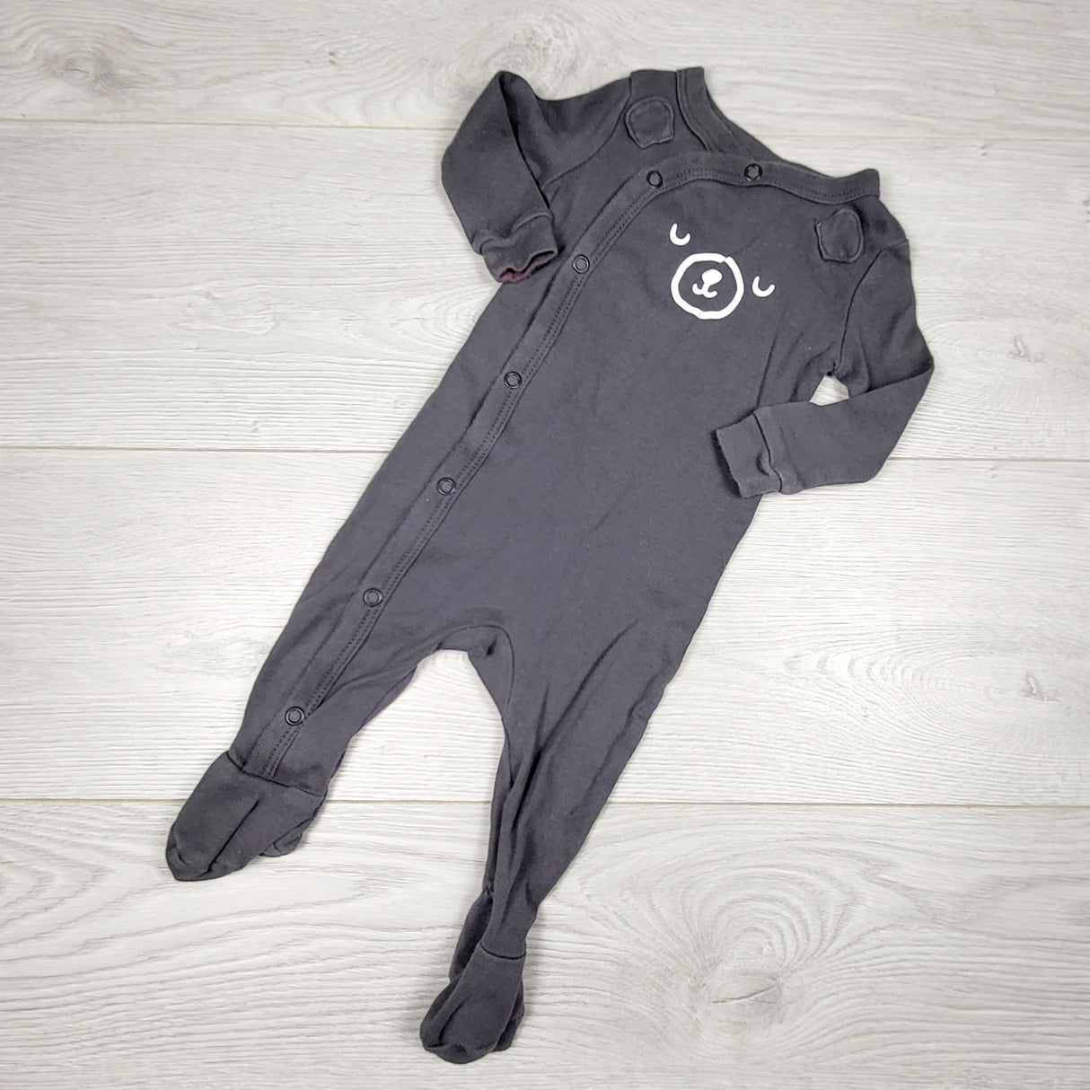 KRML1 - Joe grey cotton sleeper with bear face. Size 3-6 months