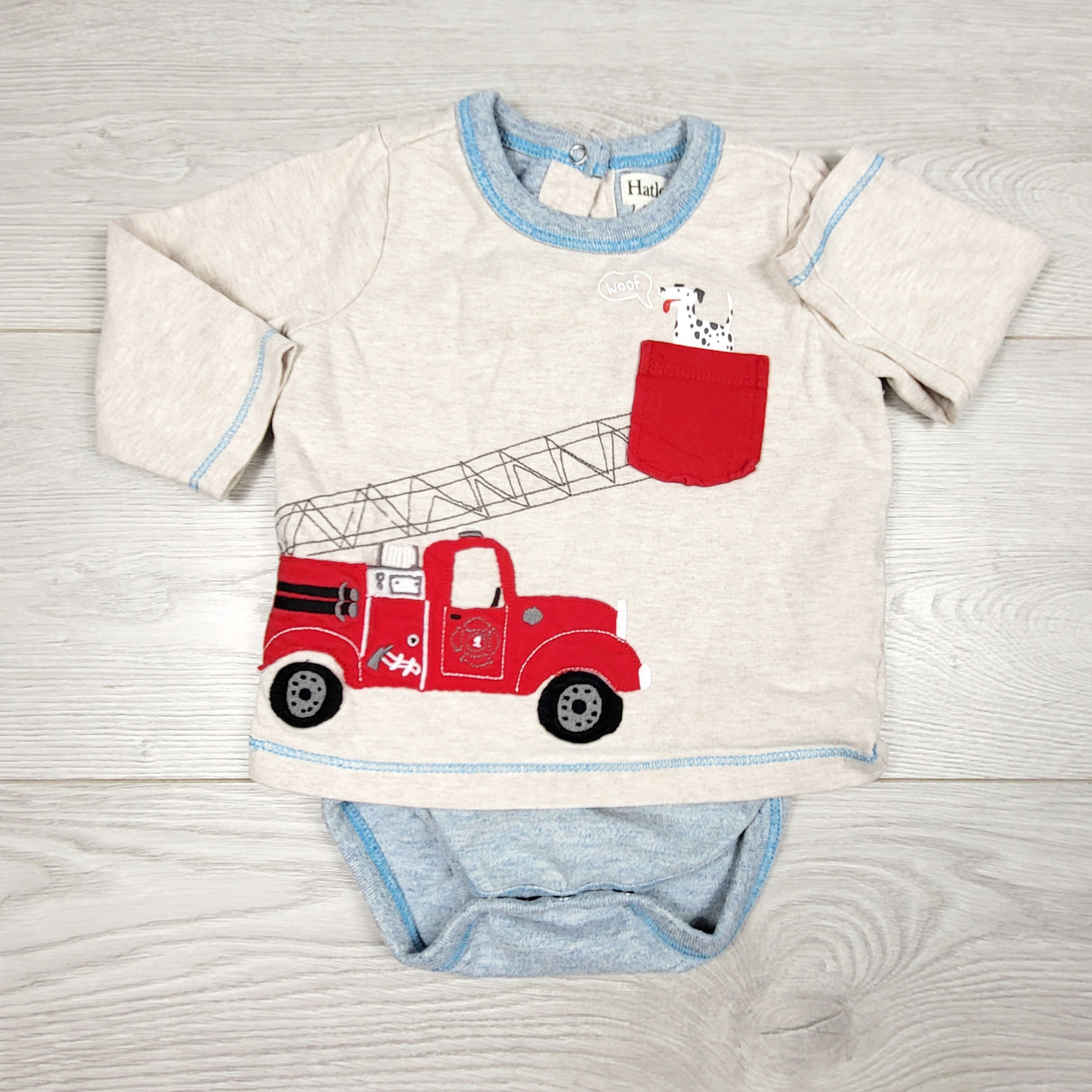 KRML1 - Hatley shirted bodysuit with fire truck. Size 6-9 months