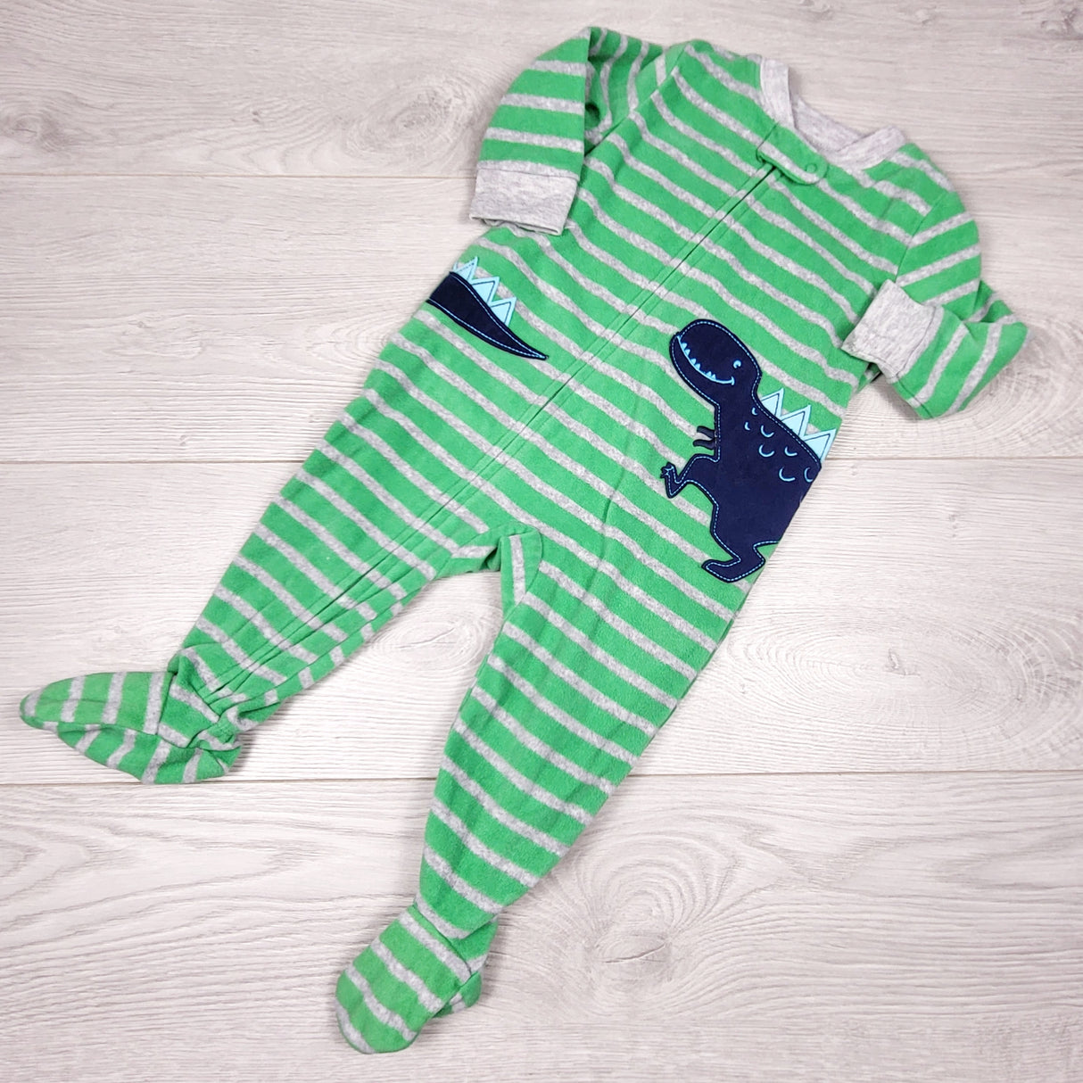 KRML1- Carters green striped fleece sleeper with dinosaur. Size 6 months