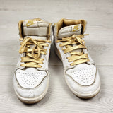 Nike white and gold retro Air Jordan 1 hightop sneakers. Youth size 2