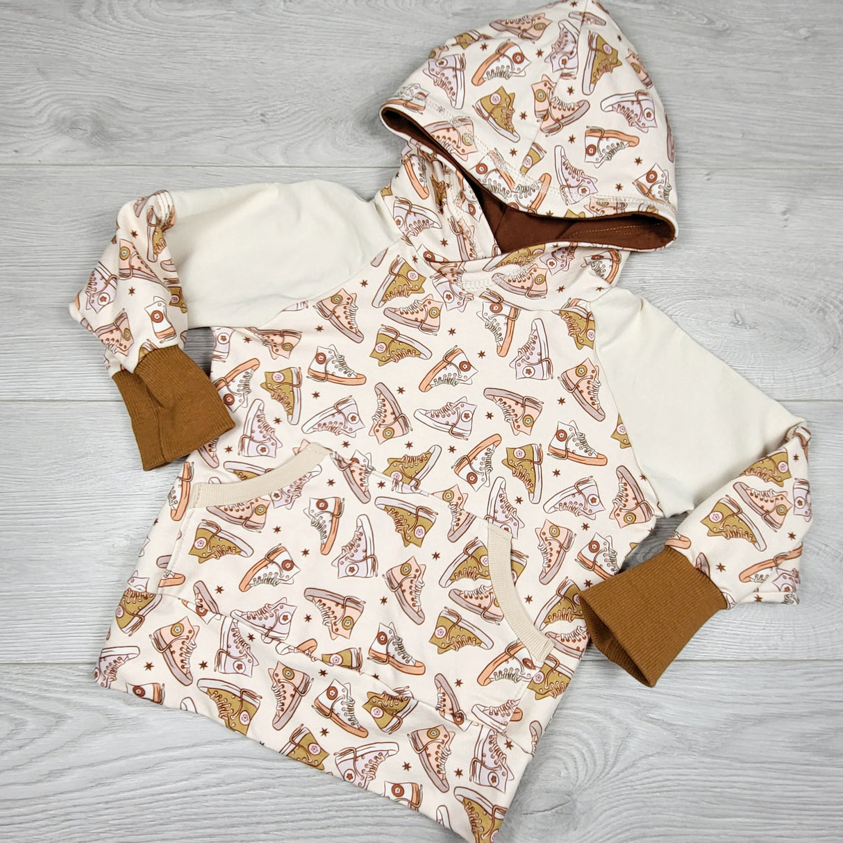 Teddy Little Apparel handmade pullover hoodie with hightop shoes. Size 3T