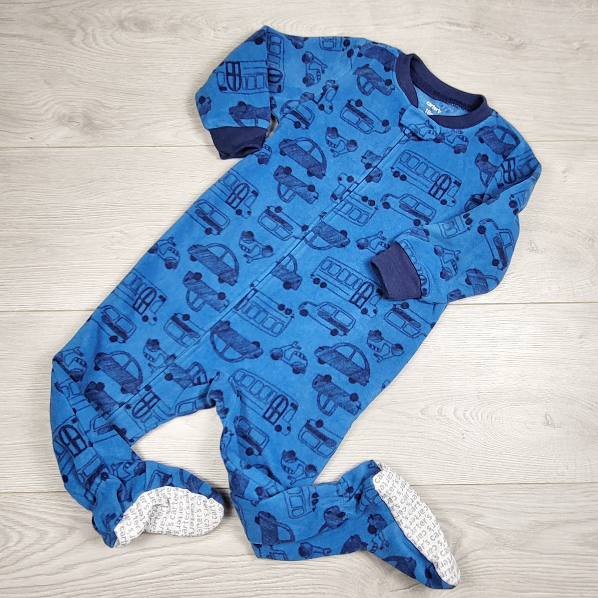Carters blue zippered fleece sleeper with cars. Size 18 months