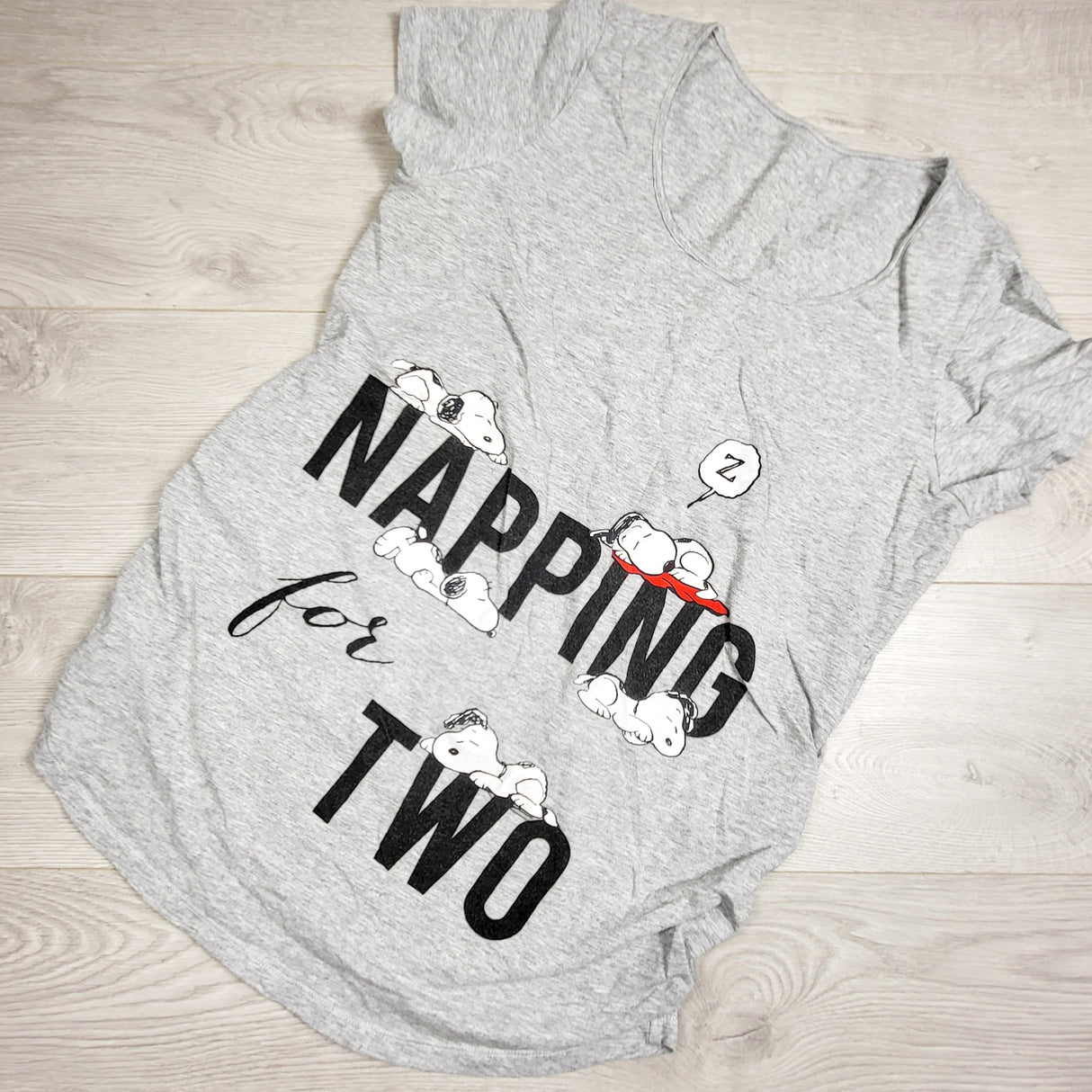 Peanuts grey "Napping For Two" maternity t-shirt. Size large