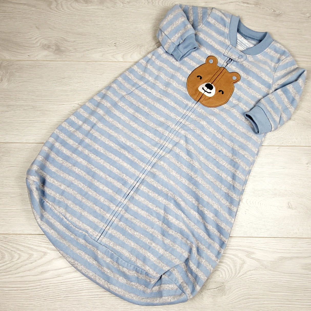 Carters blue and grey striped fleece sleep gown with bear. Size 3-6 months