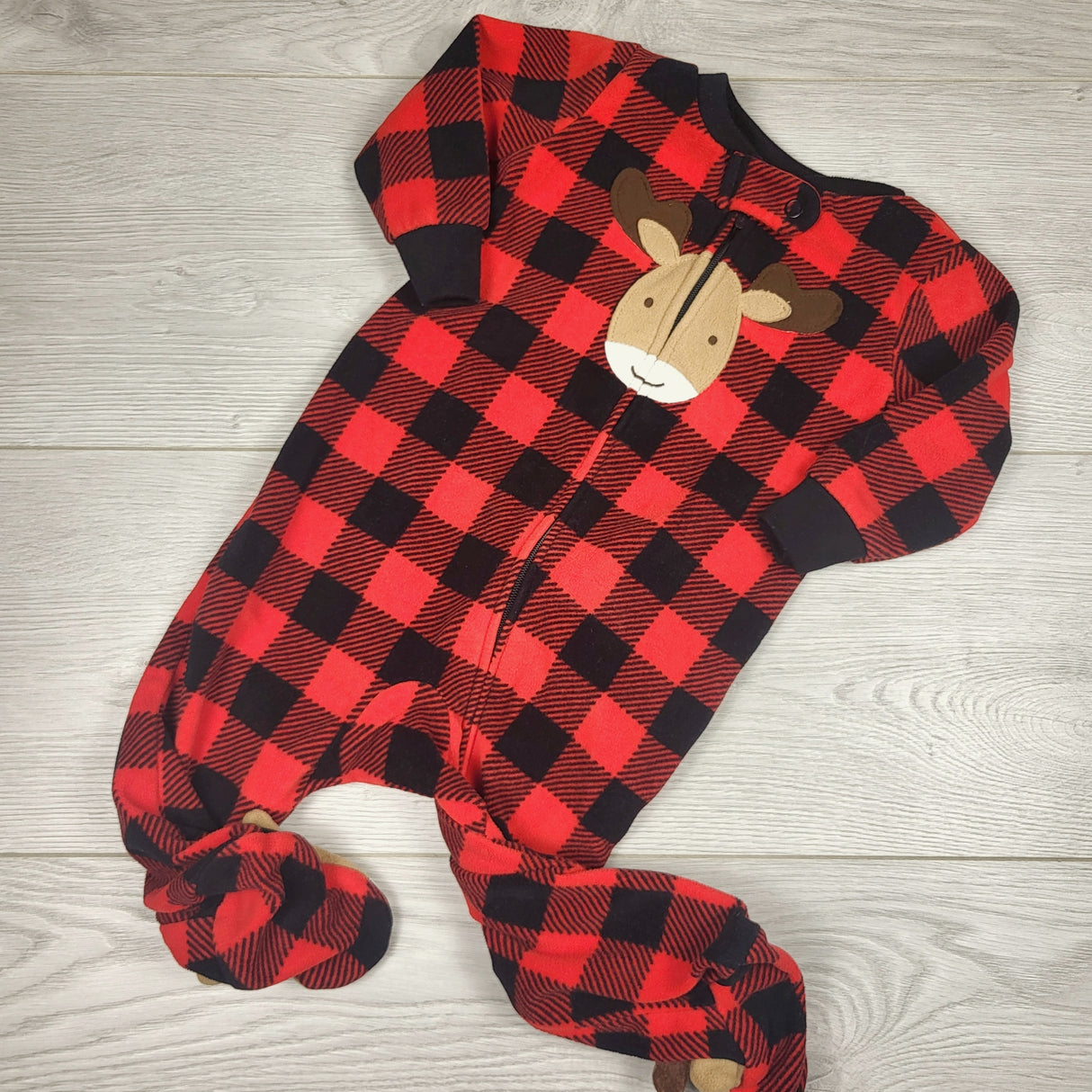 Child of Mine buffalo plaid fleece sleeper with reindeer. Size 3-6 months