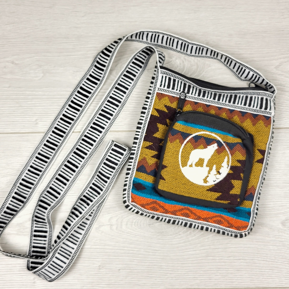 Textile crossbody bag with wolf pattern (brown)