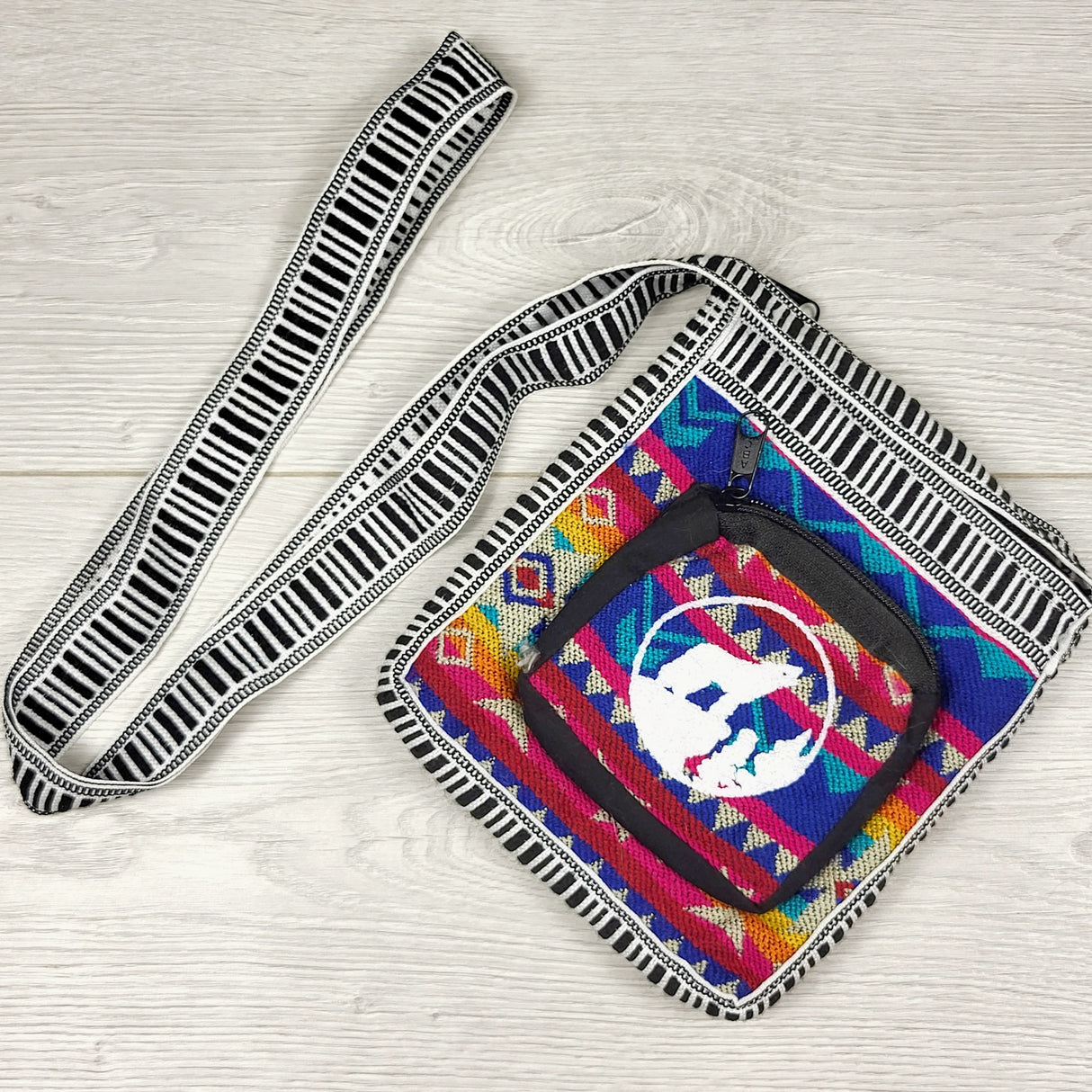 Textile crossbody purse with wolf pattern (pink and blue)