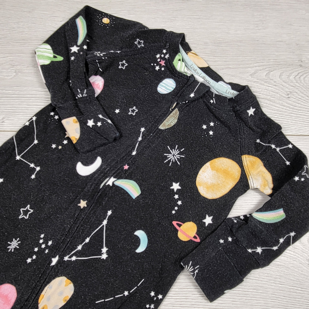Loulou Lollipop black space themed Tencel sleeper. Size 6-12 months