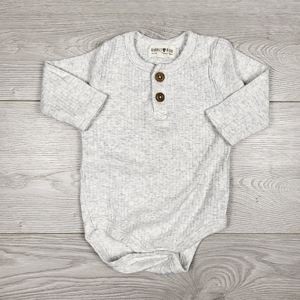 Rabbit + Bear grey ribbed bodysuit. Size 6-9 months