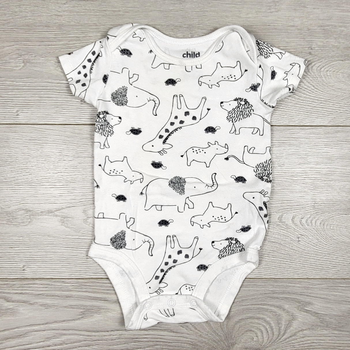 Child of Mine white bodysuit with elephants. Size 3-6 months