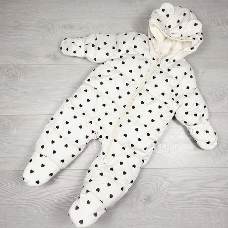 Old Navy white fleece lined snowsuit with hearts. Size 3-6 months