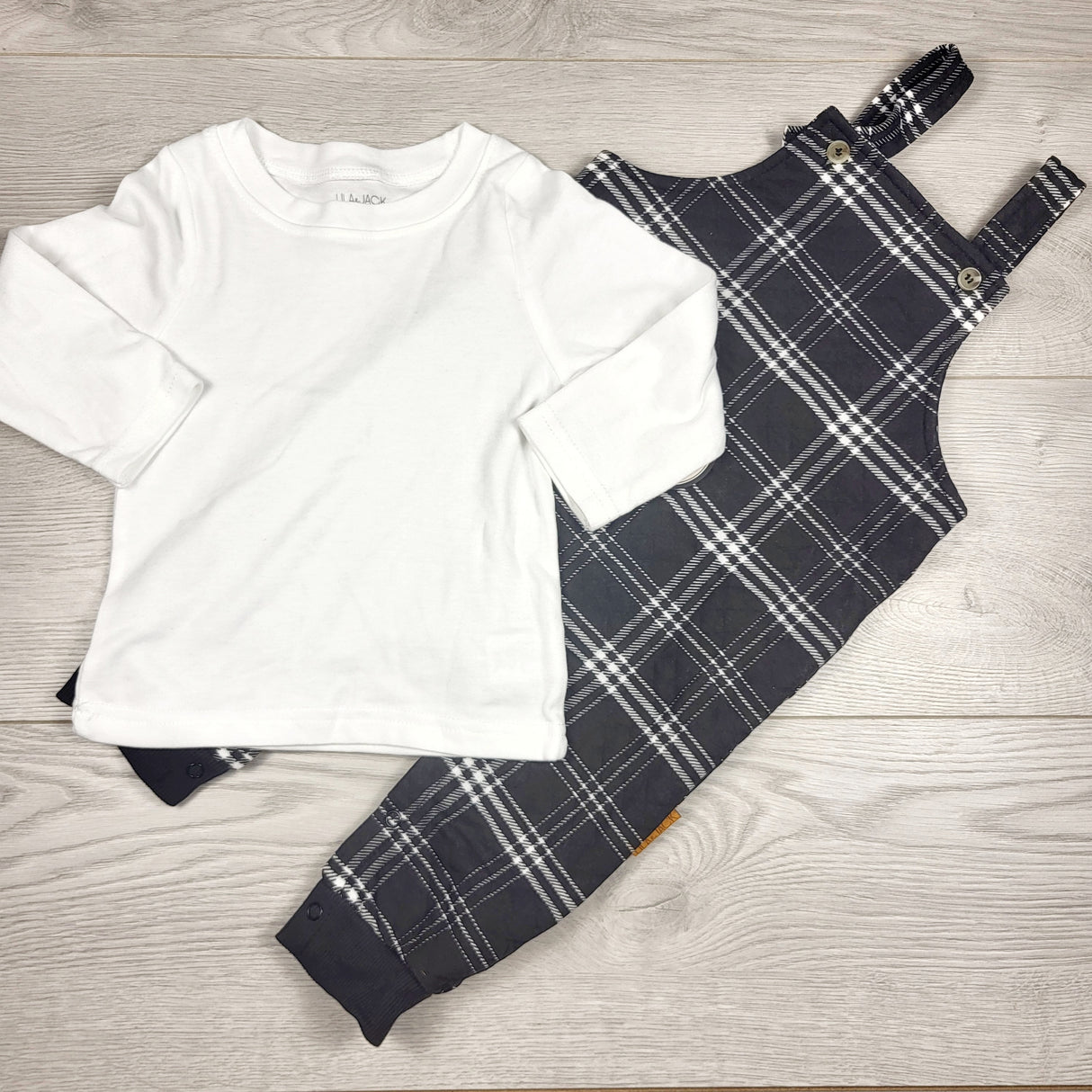 NEW - Lila and Jack plaid cotton overalls + top. Size 12-18 months