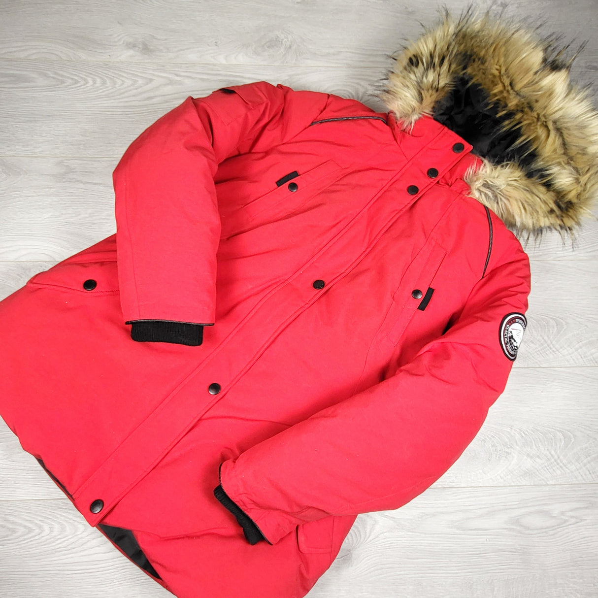 Alpine Tek red fleece lined down filled parka jacket. Size 14/16