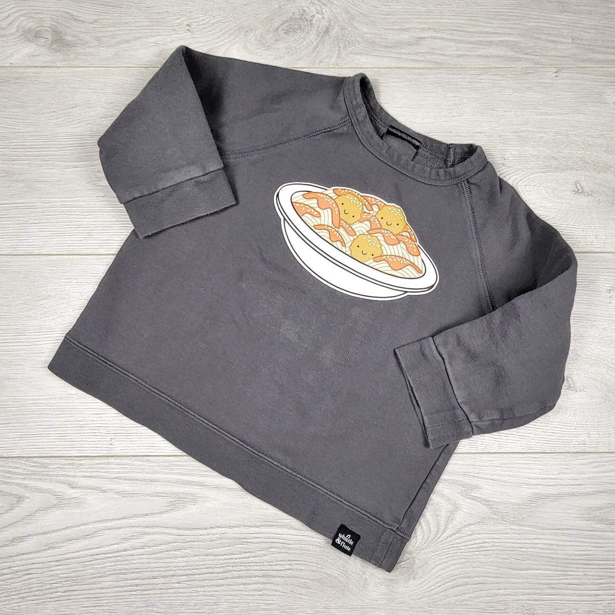 Whistle and Flute grey fleecy lined sweatshirt with spaghetti and meatballs. Size 3/4T