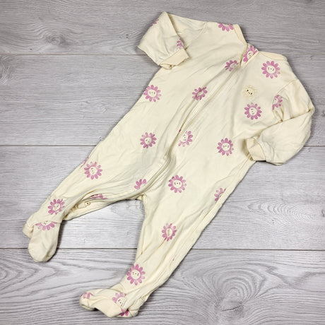 Pekkle yellow cotton sleeper with flowers. Size 9 months