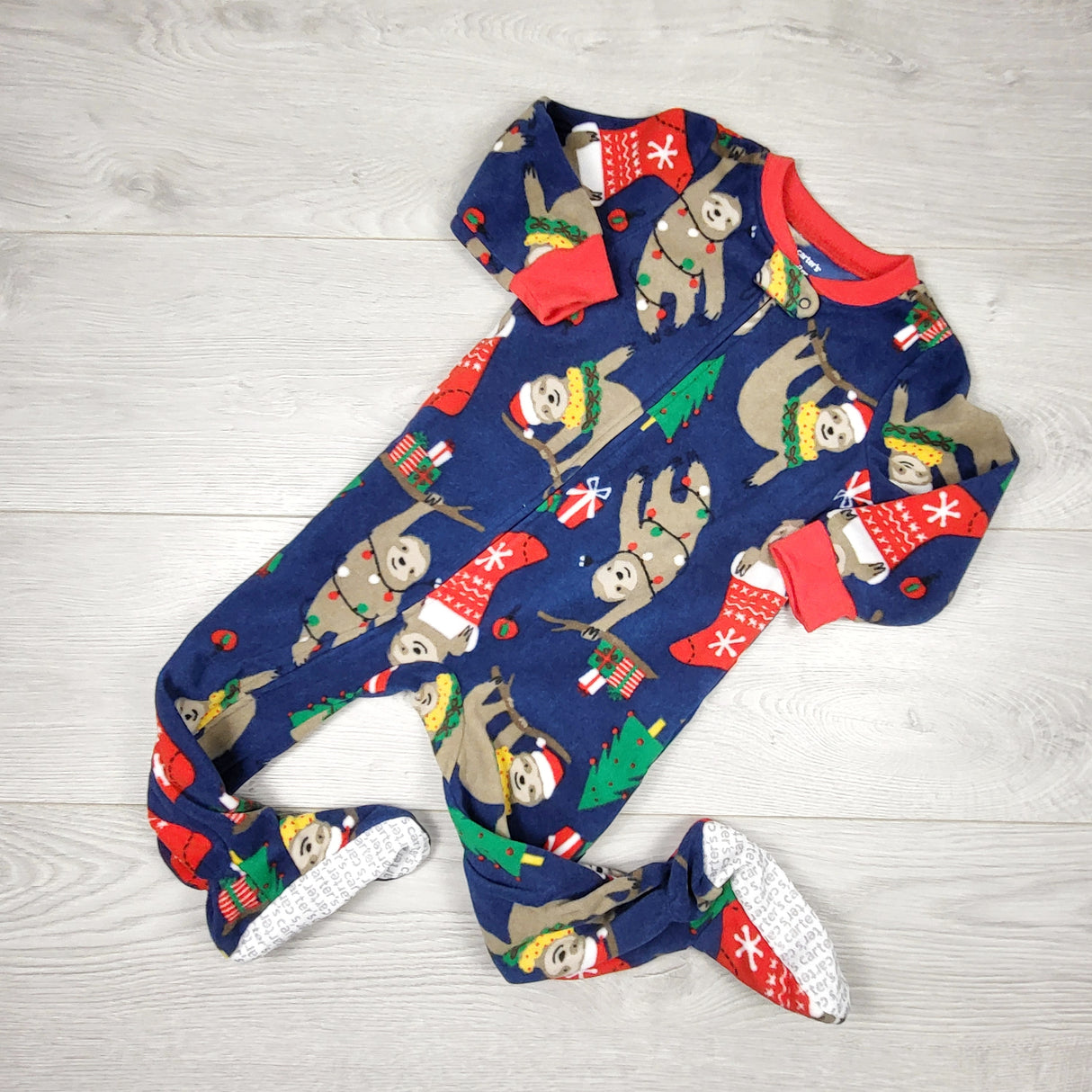 Carters navy zippered fleece sleeper with Christmas sloths. Size 18 months