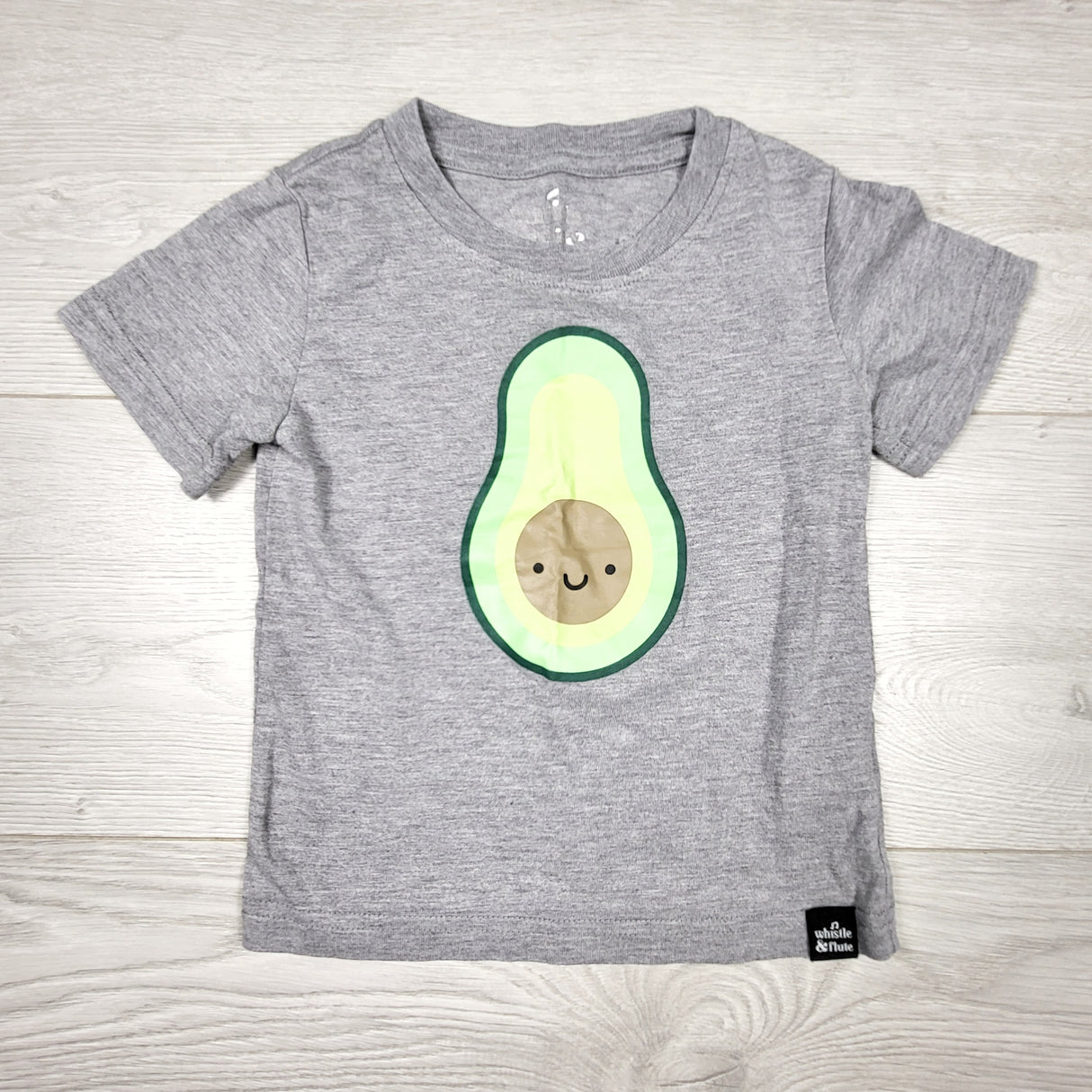 Whiste and Flute grey avocado t-shirt. Size 1-2 Years