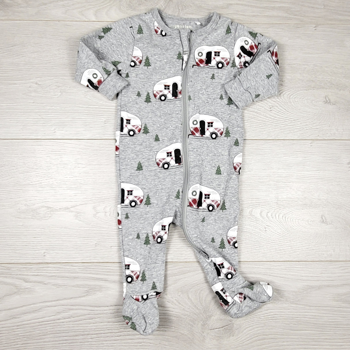 Petit Lem grey zippered cotton sleeper with holiday trailers. Size 3 months
