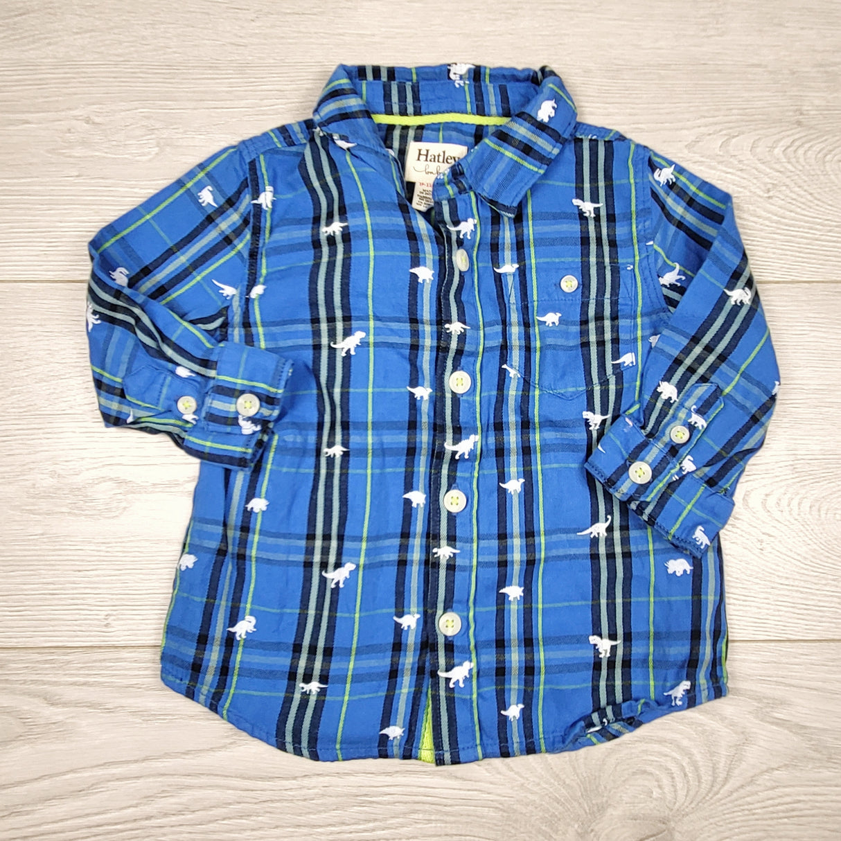 Hatley blue plaid button down shirt with dinosaurs. Size 9-12 months