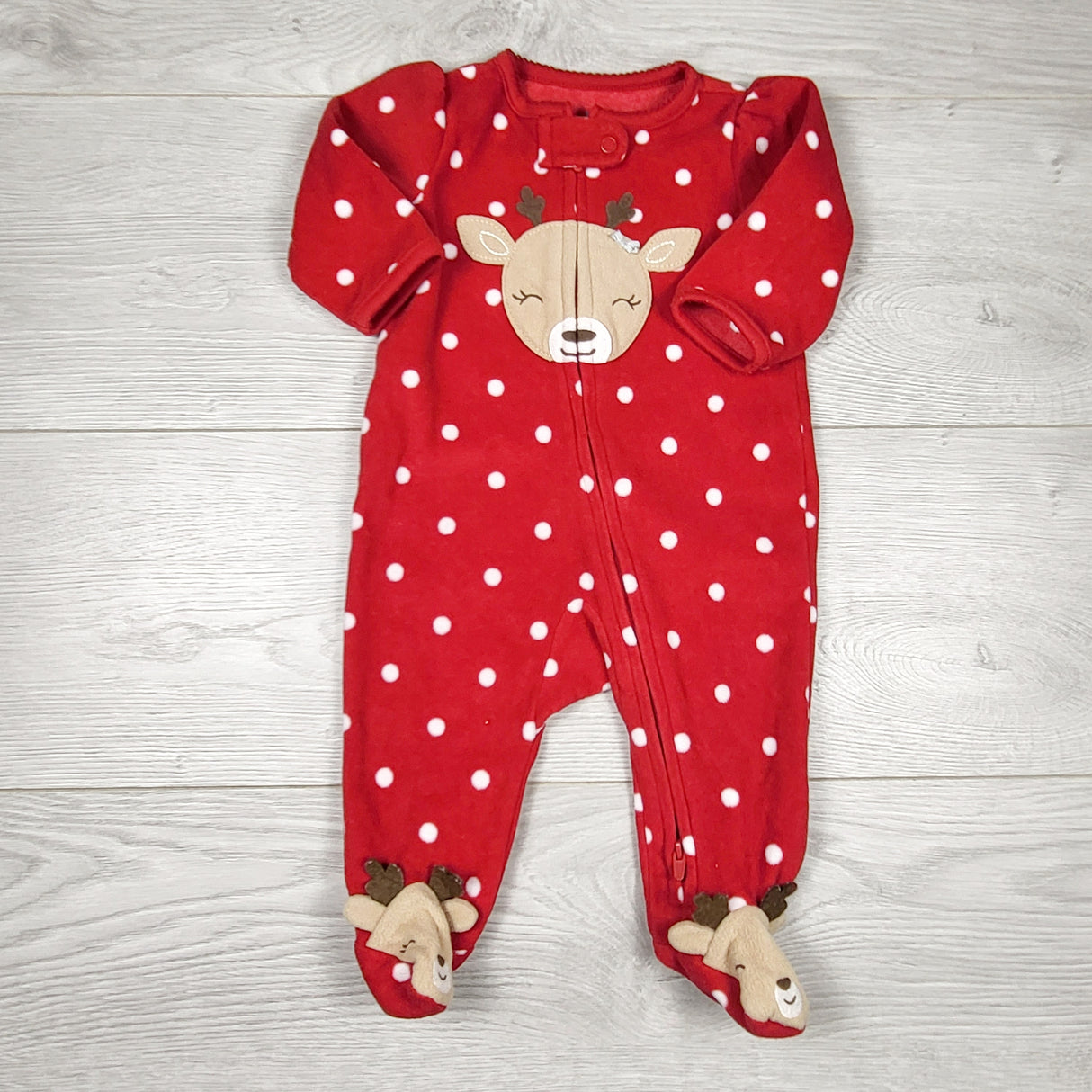 Child of Mine red polka dot fleece reindeer sleeper. Size 0-3 months