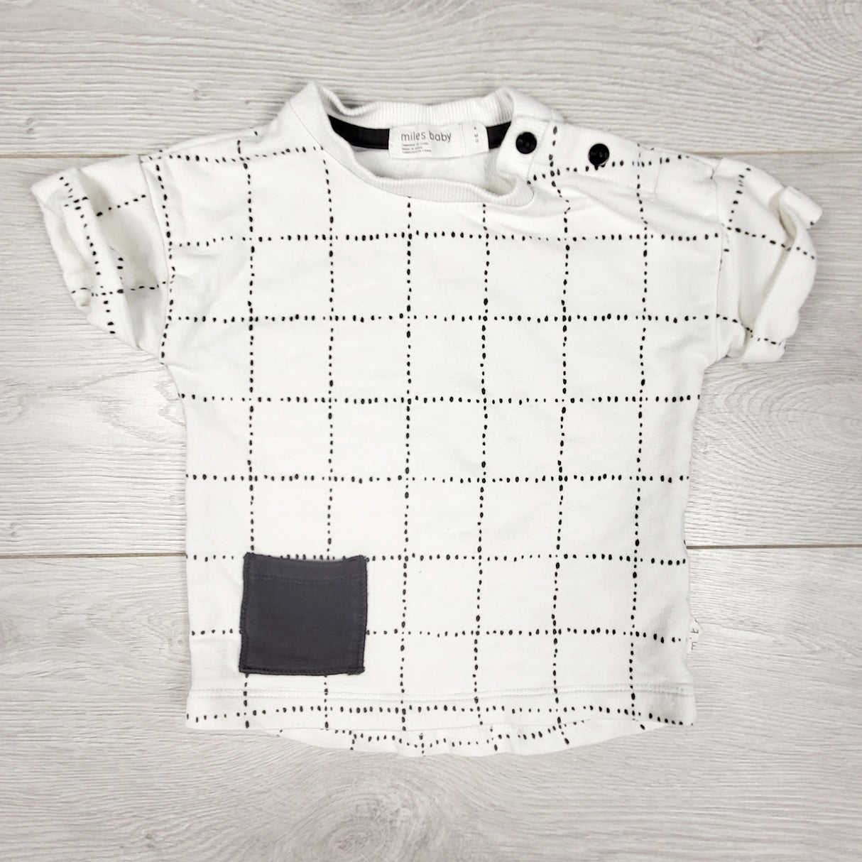 Miles Baby black and white checked t-shirt. Size 6 months