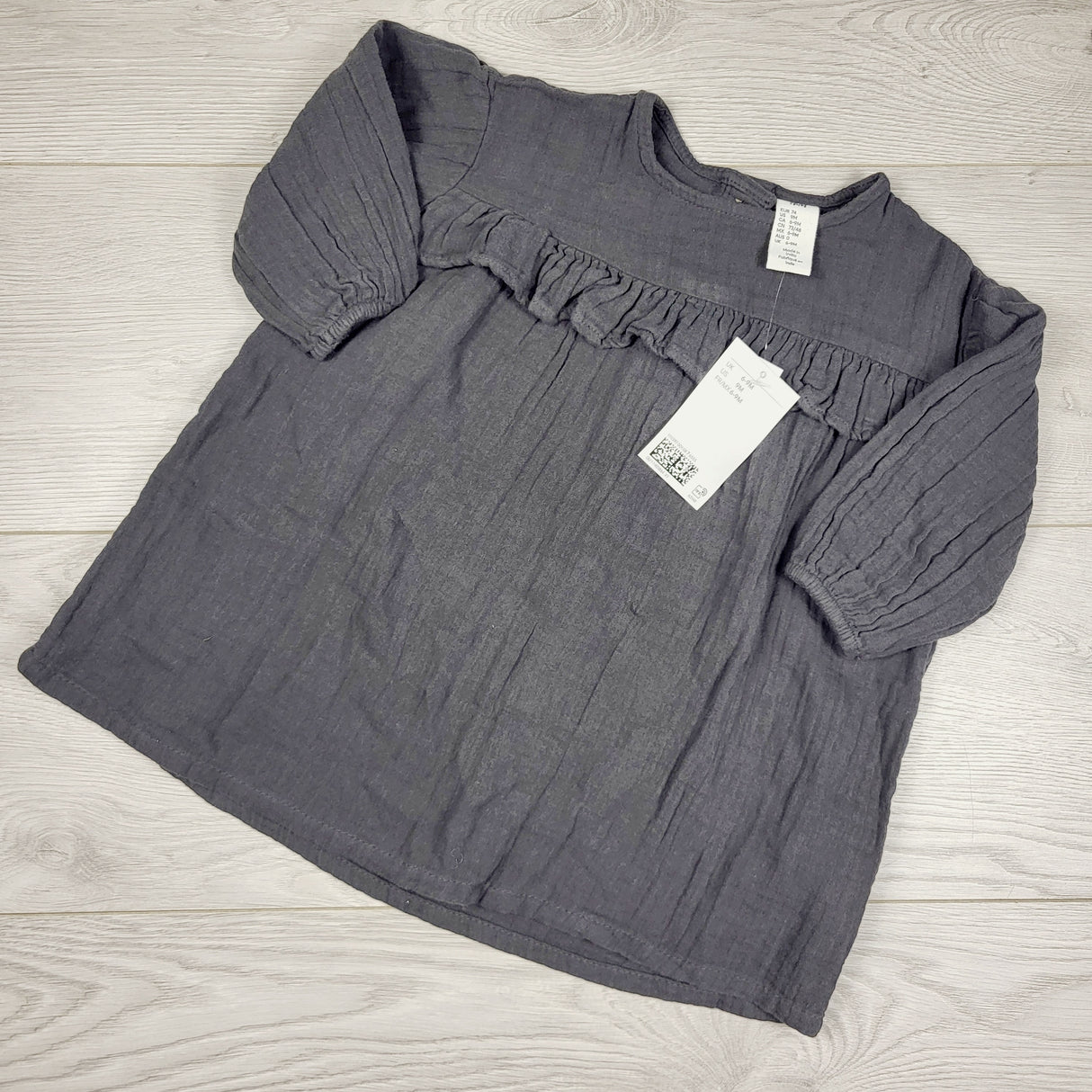 NEW - H and M dark grey muslin cotton dress. Size 6-9 months