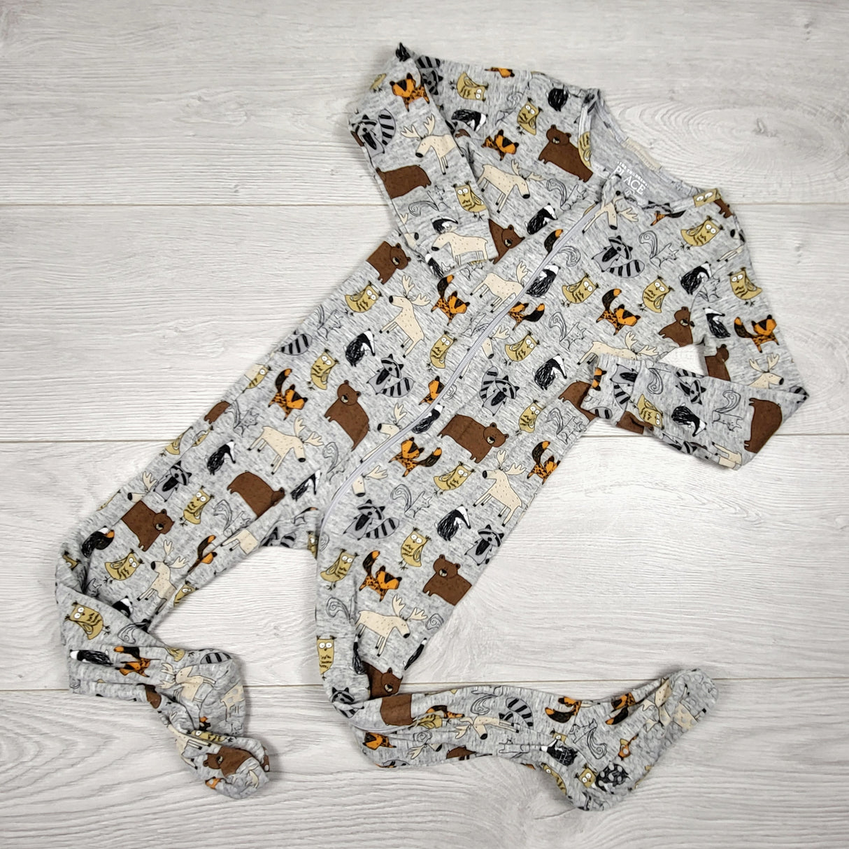 Children's Place grey zippered cotton sleeper with woodland animals. Size 3T