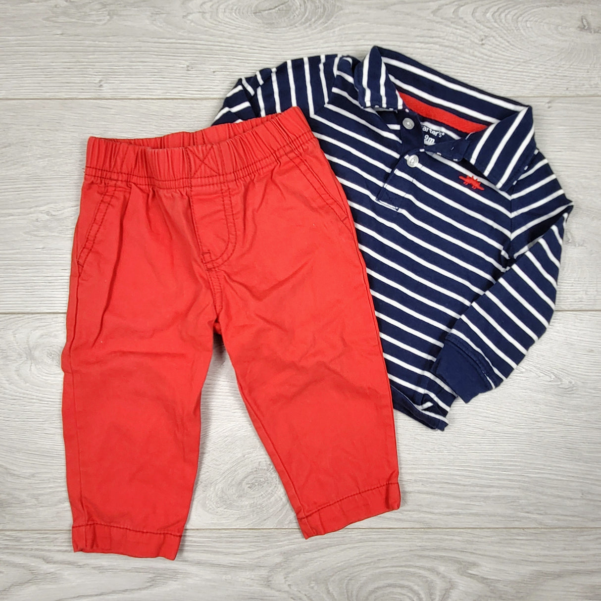 HABU3 - Carters navy striped top and matching red chino pants. Size 9 months