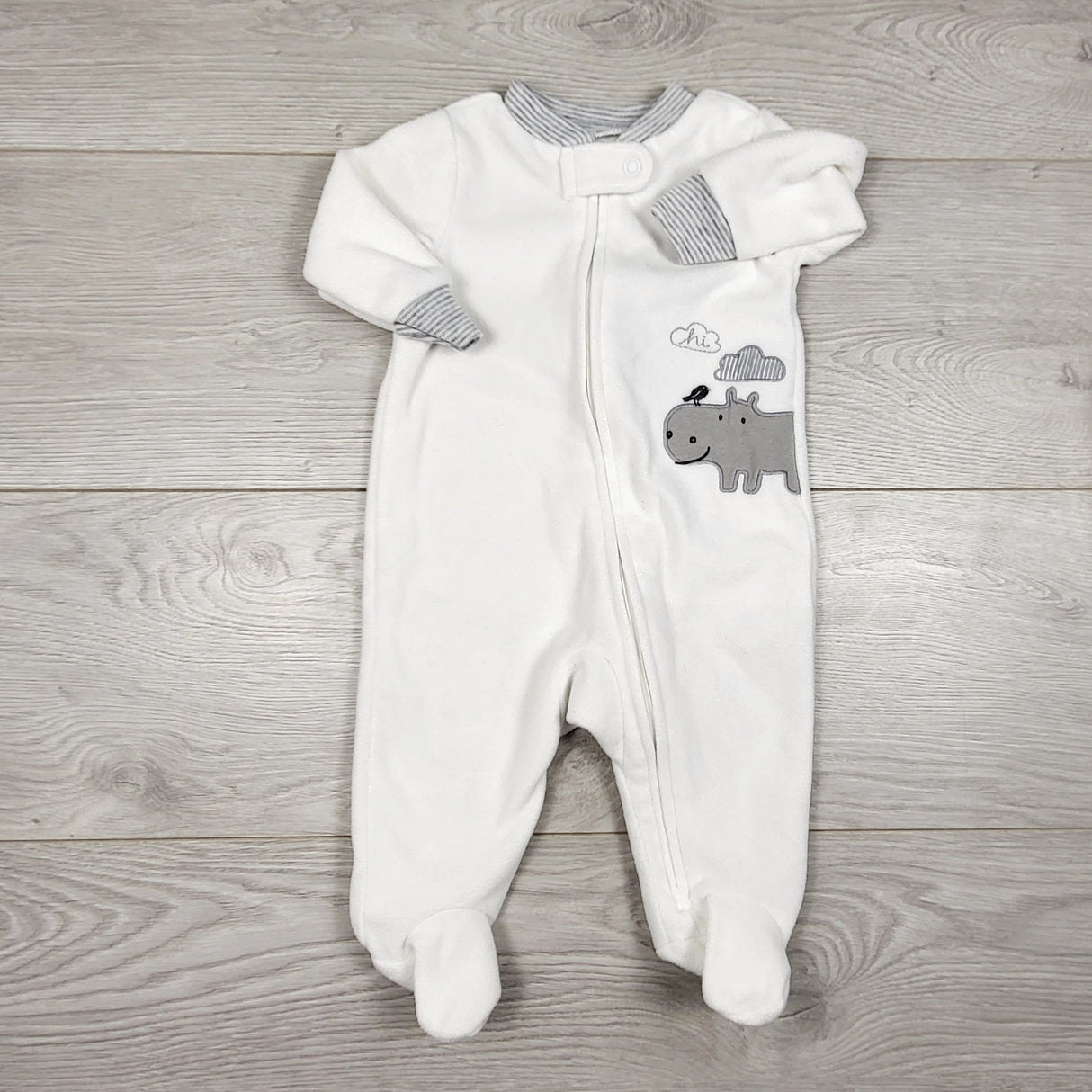 Carters white zippered fleece sleeper with hippo. Size 3 months