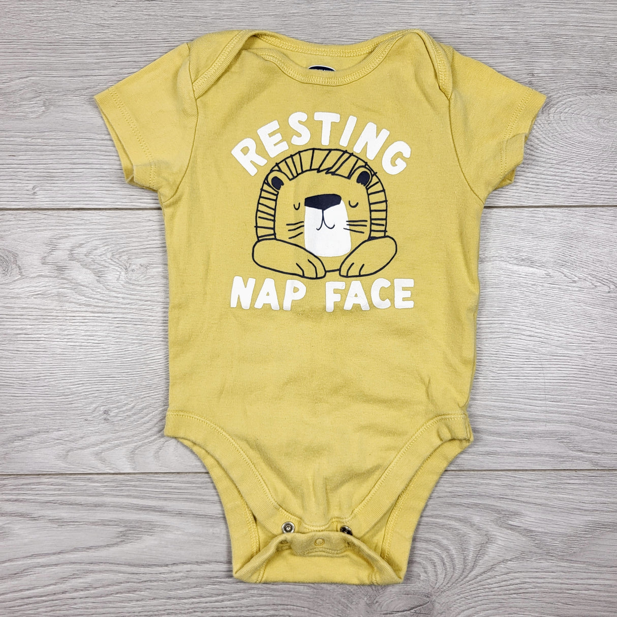 Old Navy yellow "Resting Nap Face" bodysuit with lion. Size 6-12 months