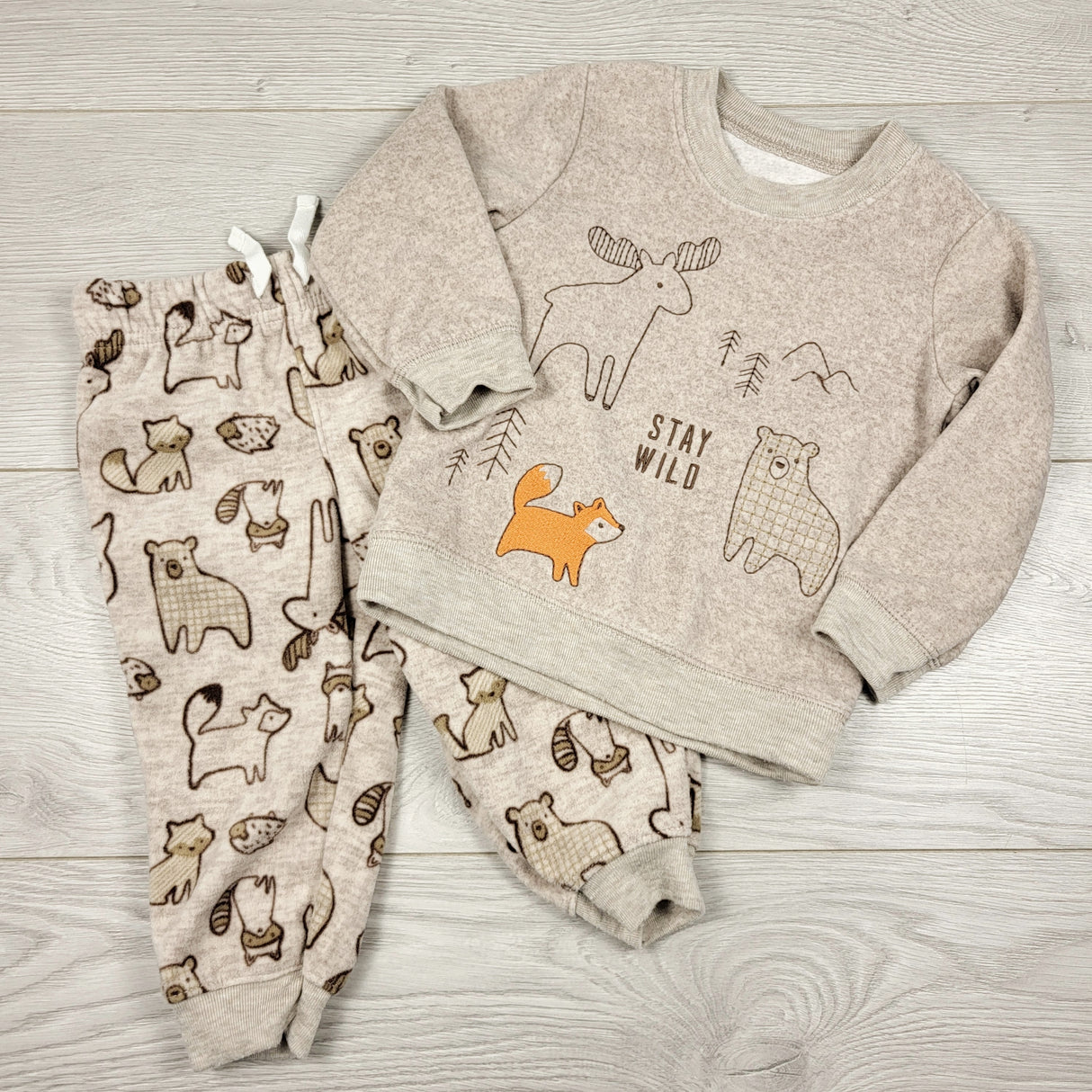 Child of Mine beige 2pc fleece PJs with woodland animals. Size 12 months
