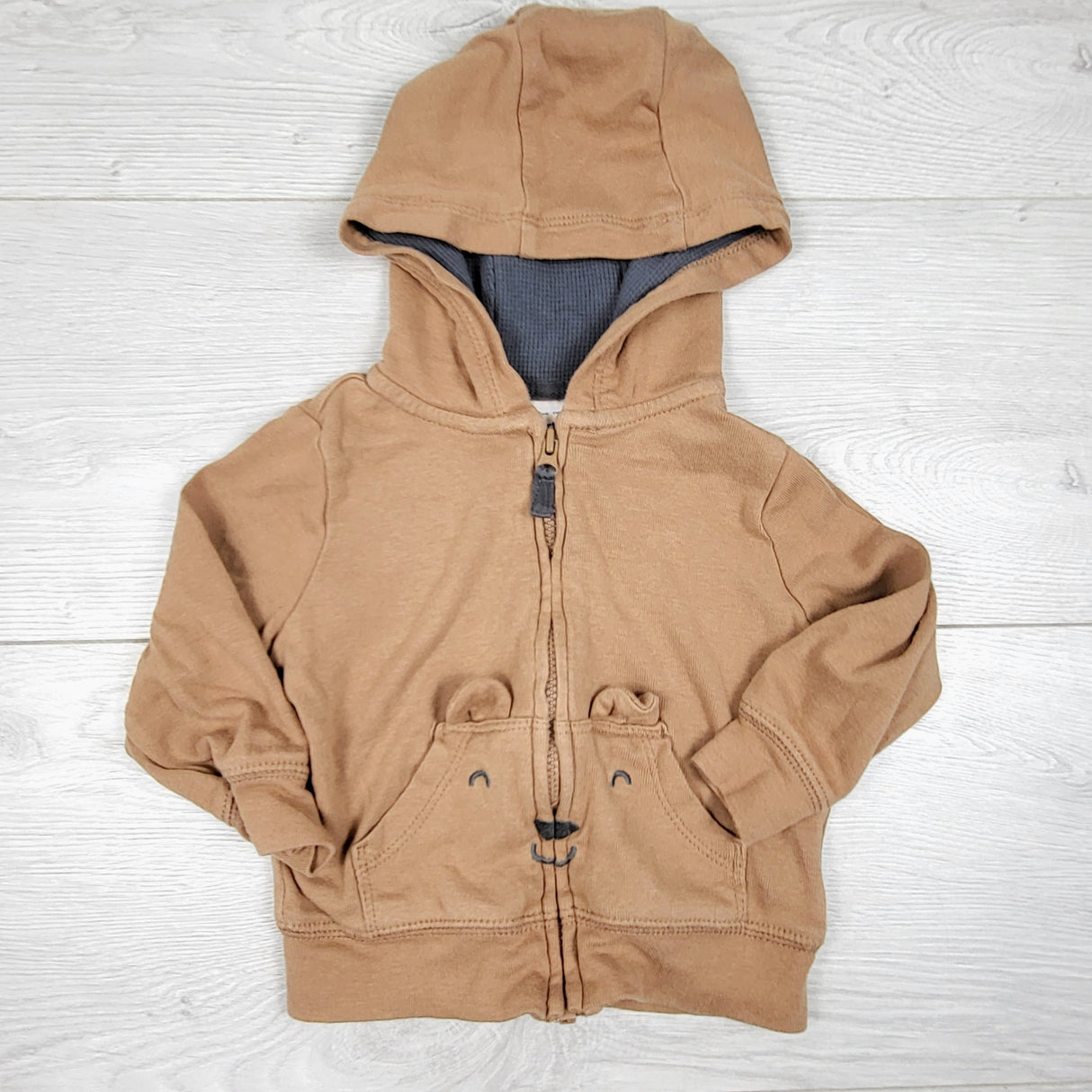 Carters tan zippered cotton hoodie with bear. Size 12 months