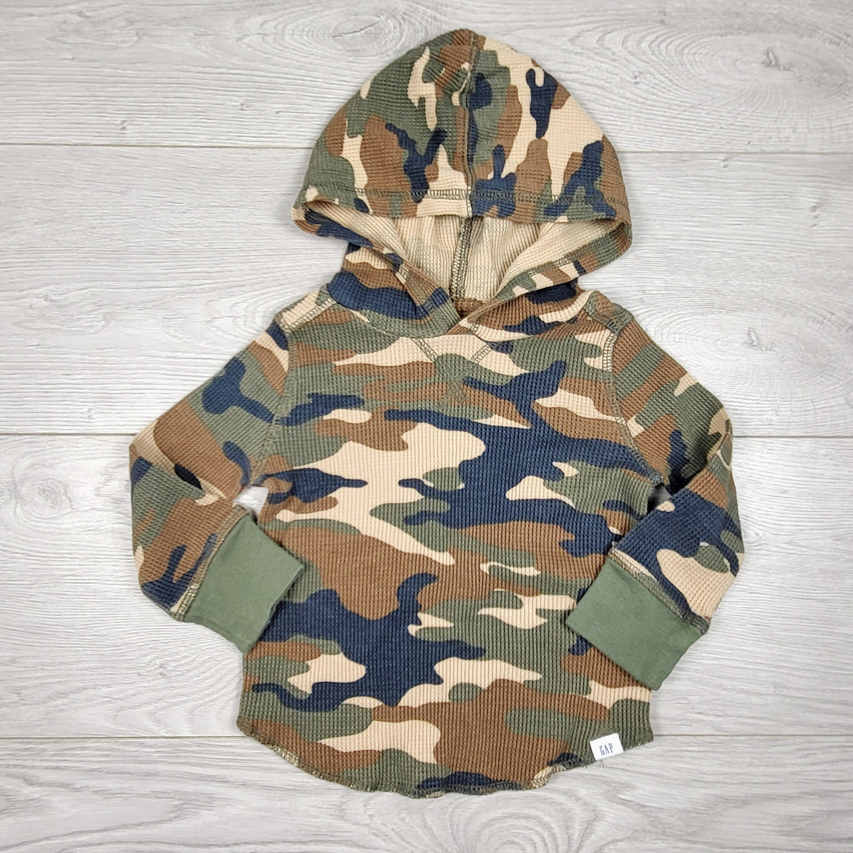 Gap camouflage hooded waffle knit top. Size 12-18 months