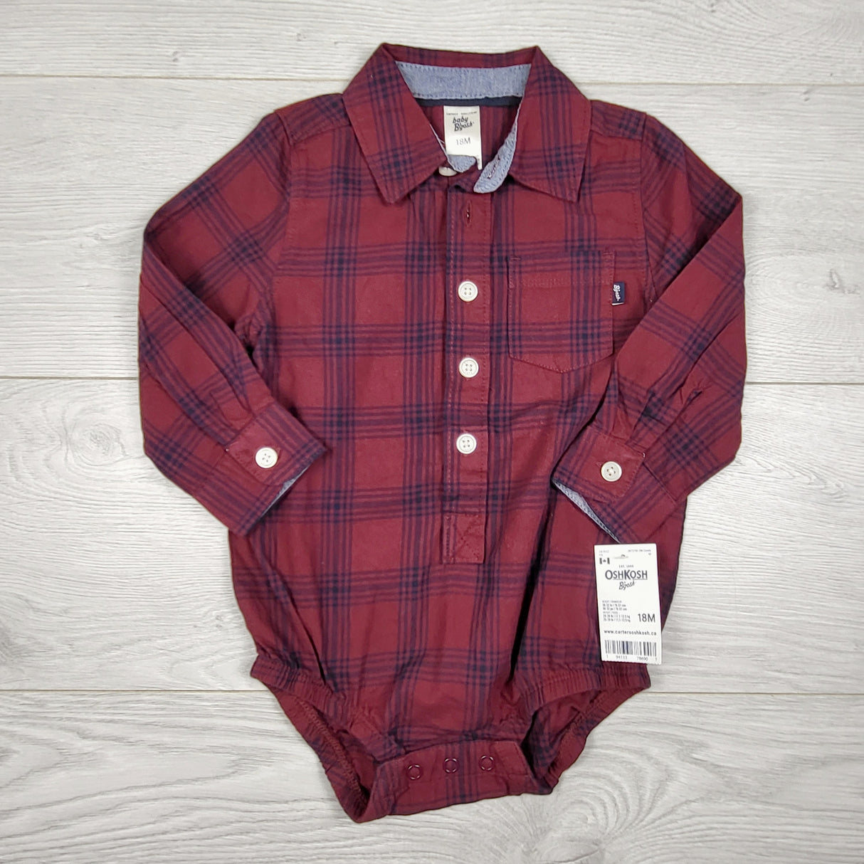NEW - Baby B'gosh burgundy and navy plaid button down bodysuit. Size 18 months